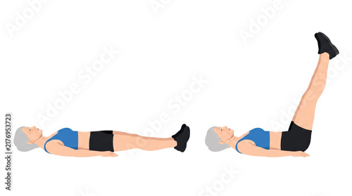 Older woman performing supine leg raise on floor mat for core strengthening and low impact fitness routine, indoor studio mobility and rehabilitation exercise