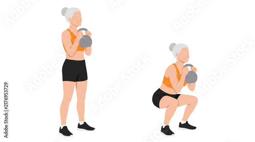 Older woman performing kettlebell goblet squat standing exercise to train legs, core and functional strength with controlled descent and upright posture