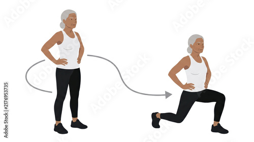 Senior woman demonstrating standing to forward lunge movement for leg strength balance and low impact mobility training, guided exercise for functional fitness