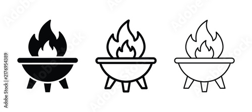 Set of fire pit icons, bonfire, brazier, barbecue, vector outline and solid symbols