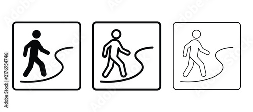 Walking path icon set, pedestrian walkway symbols vector illustration, hiking trail signs