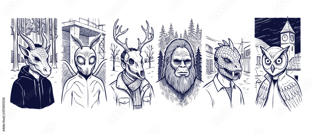 Fototapeta premium Cryptid monsters urban legend characters in ink line art illustration set featuring Bigfoot, Mothman, Wendigo, Reptilian, and Owlman wearing casual clothing in dark fantasy style design.