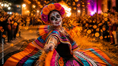 Woman with sugar skull makeup dancing in traditional mexican dress at day of dead carnival. Dia de muertos festival with marigold flowers, catrina costume and colorful celebration in night street