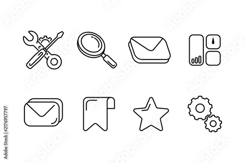 Outline UI Icon Set — Line Art Tools Search Mail Bookmark Star and Settings Symbol Collection for App, Website and Digital Interface Design