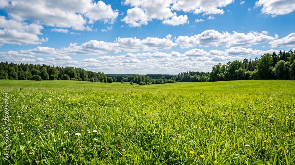 © Ali - Meadow with lush green grass and trees under a cloudy blue sky in the countryside during daytime.