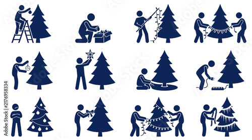Stick figure people decorating christmas trees vector icon set