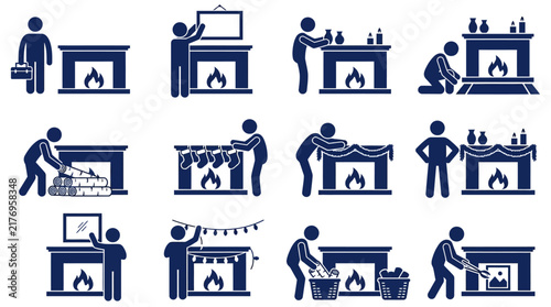 Stick figure icons maintaining and decorating a home fireplace