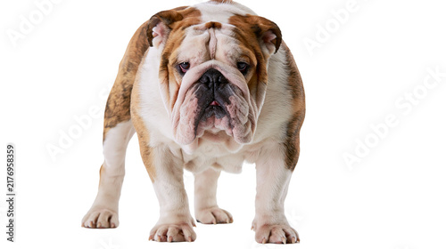 Foto Brown and white English Bulldog standing with wrinkled face and muscular body