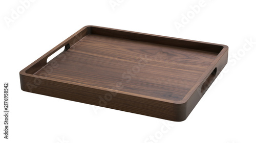 Rectangular dark brown wooden serving tray with cutout handles