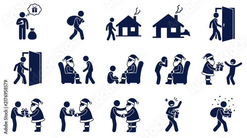 Christmas holiday pictogram set with santa claus and stick figures