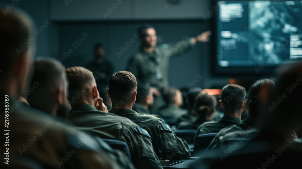 Fototapeta premium Military briefing in dark lecture room with attentive personnel viewing tactical screen, creating focused atmosphere