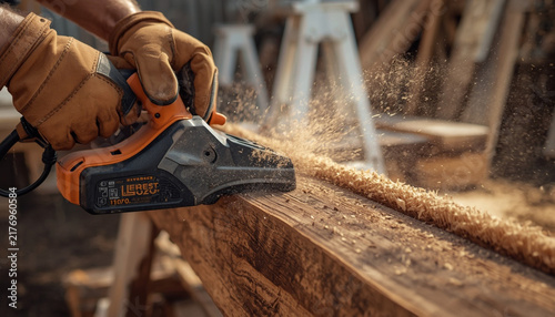 worker using electric planer