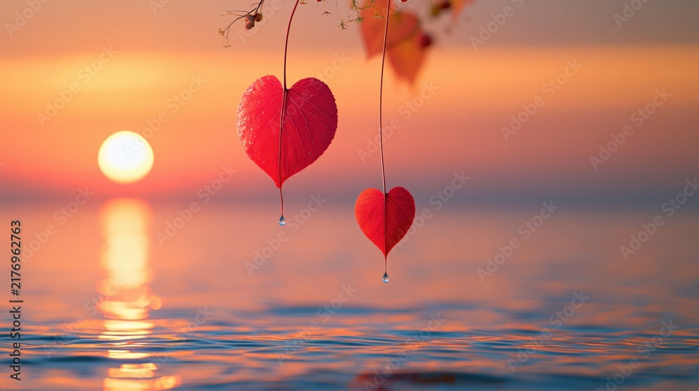 Fototapeta premium Two red heartshaped leaves hang suspended over calm water during a warm sunset.