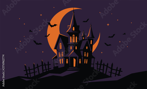 Spooky haunted mansion silhouette with bats and a large orange crescent moon in the night sky