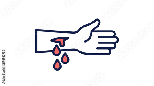 Minimalist vector icon showing human hand with deep bleeding wound and falling red blood drops