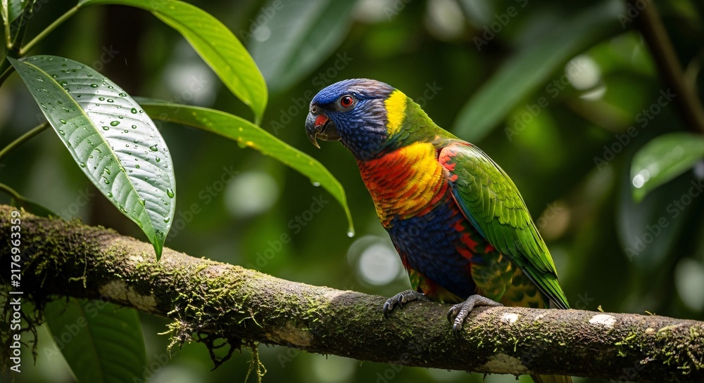 Obraz premium Vibrant Rainbow Lorikeet Perched on a Mossy Branch in Lush Rainforest.