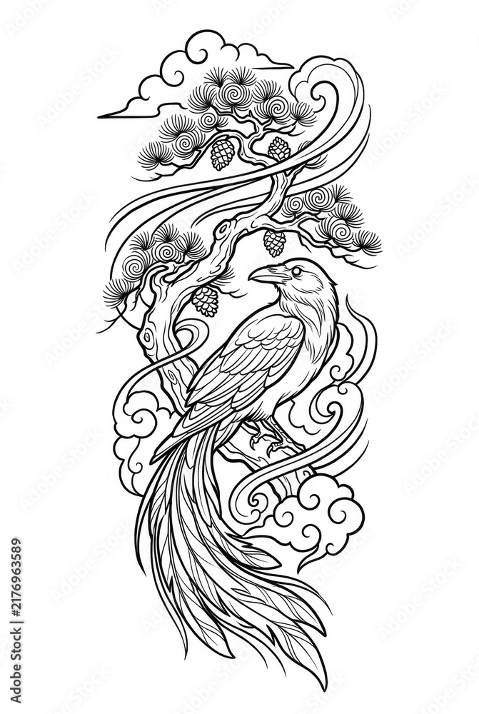 Fototapeta premium Japanese Raven Bird Perched on Pine Branch with Clouds and Wind Swirls Coloring Page Line Art