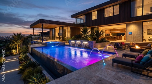 Luxury modern smart home pool area with glowing colorful fountain water jets, outdoor fire pit, lounge chairs, and illumination at dusk twilight evening