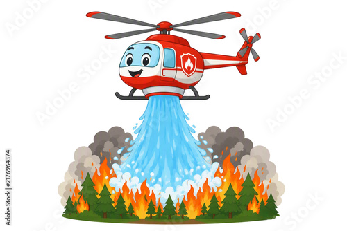 Cartoon Firefighting Helicopter Extinguishing Forest Fire Vector Illustration