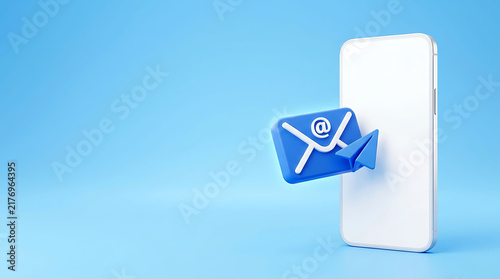 Blank white smartphone with a 3D blue email icon on a sky-blue background with copy space. Clean modern digital communication and messaging concept.