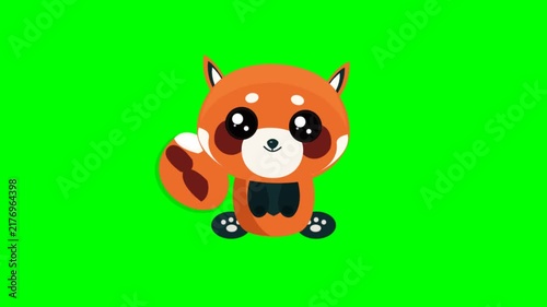 Cute red panda cartoon character sitting on vibrant green chroma key background