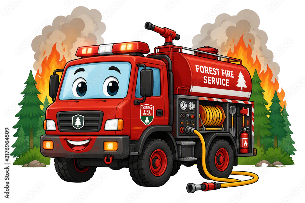 Naklejka premium Cute Cartoon Fire Truck Character Engaged in Forest Firefighting Operation