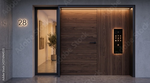 Luxury modern entrance with dark wood paneling, glowing number 28, minimalist glass sidelight revealing hallway interior, and advanced biometric smart door lock.