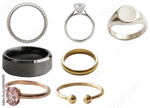 Bild auf Leinwand A curated set of elegant rings in gold, silver, platinum, titanium, and gemstone styles for jewelry and fashion use