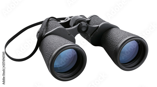 Fotografie Black textured binoculars with blue tinted lenses and a black neck strap