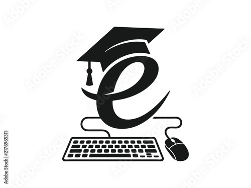E-learning logo with graduation cap and computer keyboard, online education vector icon, digital school and distance learning symbol