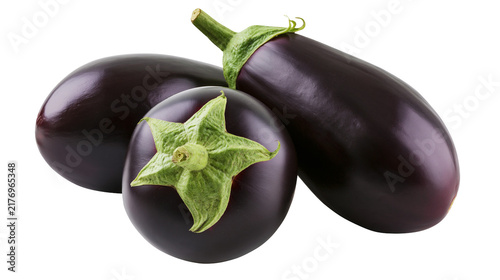 Canvas Print Three fresh ripe purple eggplants with green stems
