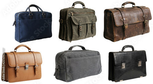 Foto A collection of classic and modern briefcases in varied colors and materials, shown as blank business bag mockups on white