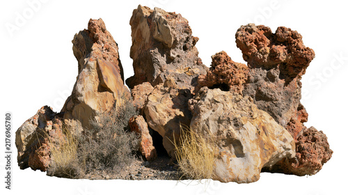 Fotografía Rugged volcanic rock formation with dry desert grass and porous textured stones