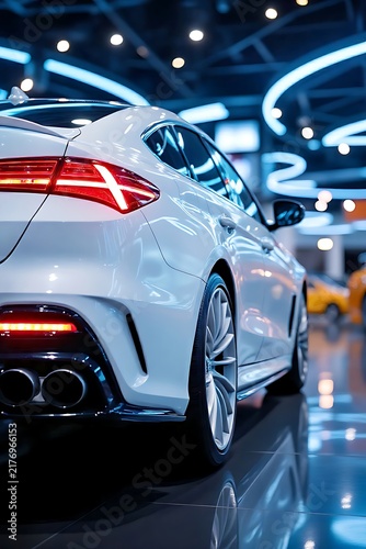 Back view of a modern sleek white sport car in a brightly luxury showroom