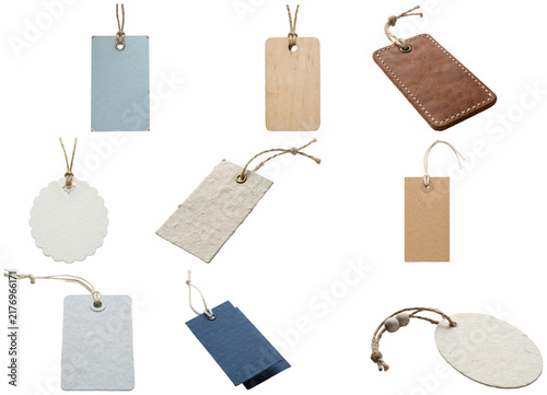 фотографія A collection of blank hang tag mockups in varied shapes and materials for retail and apparel presentation