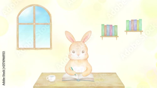 机に向かってノートに書き込む可愛いうさぎのループアニメーション。学習・勉強・教育の素材。	