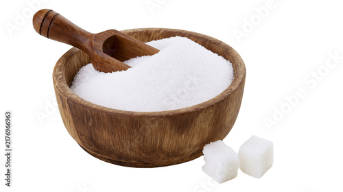 Картината върху платно Granulated white sugar in a wooden bowl with a scoop and two sugar cubes
