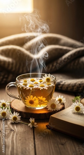 Cozy chamomile tea with book and blanket on wooden table.
