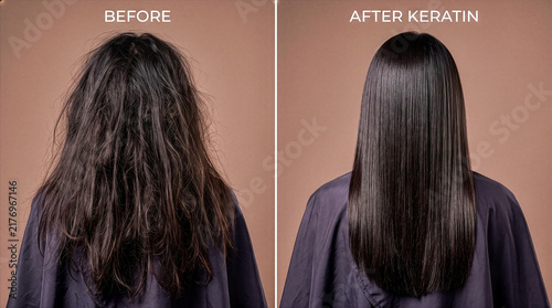 Woman's Hair Before After Keratin Treatment, Frizzy to Straight