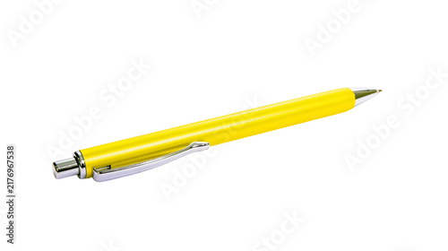 Konstfotografi Bright yellow retractable ballpoint pen with metallic silver clip and tip