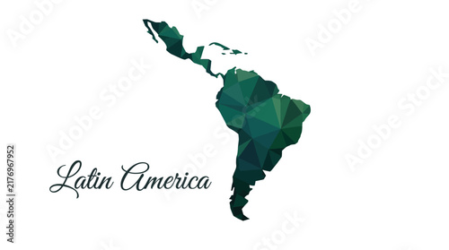 Latin America map rendered in a geometric low poly style with deep emerald green color gradients