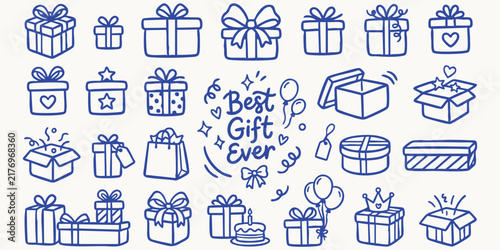 A collection of hand drawn doodle icon set gifts and celebrations on a light background
