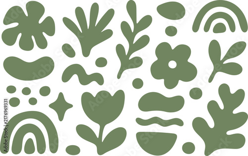 Olive Green Abstract Botanical and Organic Shapes Vector Set