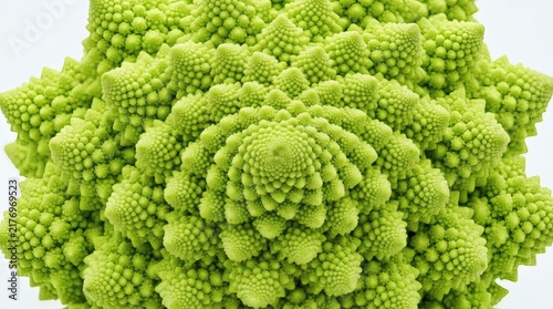 Extreme macro shot of green Romanesco broccoli cauliflower natural Fibonacci fractal spiral pattern.