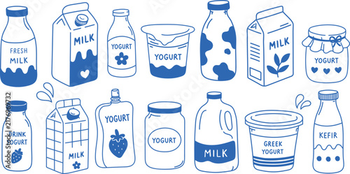 Hand Drawn Milk and Yogurt Dairy Products Vector Set