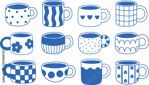 Hand Drawn Cute Coffee Mugs and Cups Vector Set