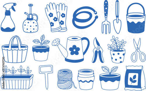 Hand Drawn Gardening Tools and Garden Supplies Vector Set