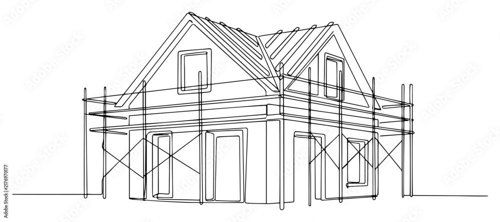 Naklejka premium House Under Construction with Scaffolding Continuous Line Art, Minimalist Building Process Vector for Architecture and Renovation Projects