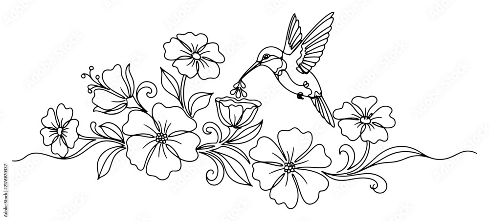 Obraz premium Hummingbird Hovering Near Flowers Continuous Line Art Drawing, Minimalist Nature Floral Garden Vector for Logo Design and Spring Decoration