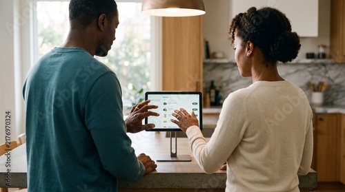 African American couple ordering groceries online using a tablet in a modern kitchen.